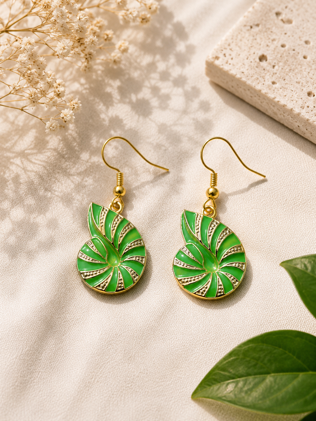 Green Nautilus Shell Drop Earrings
