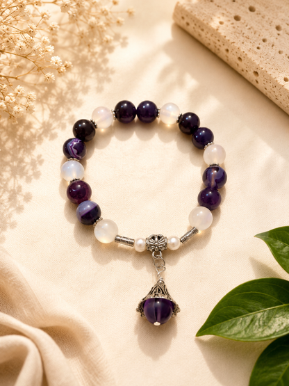 Natural Amethyst Stone Bracelet with Freshwater Pearls