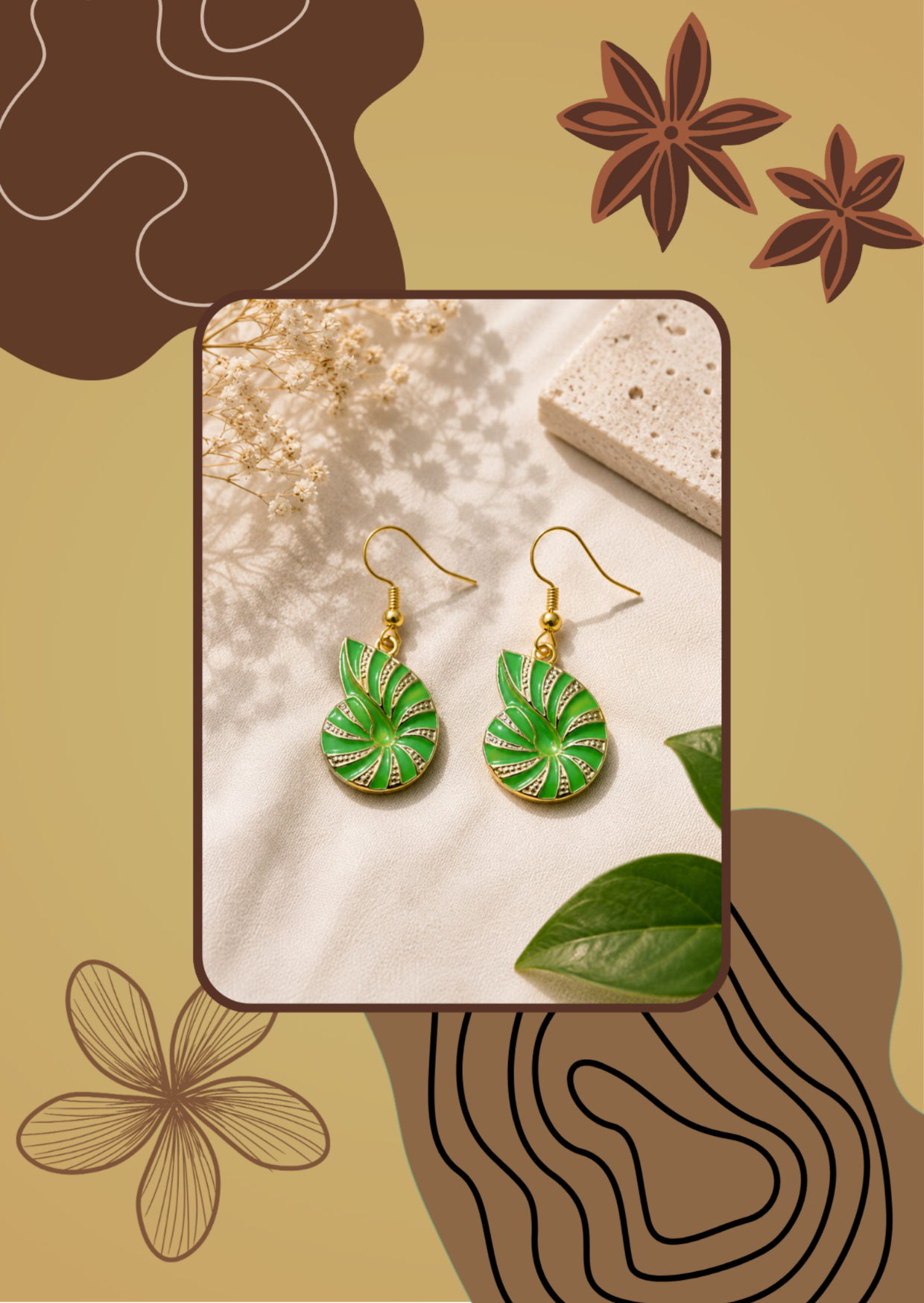 Green Nautilus Shell Drop Earrings